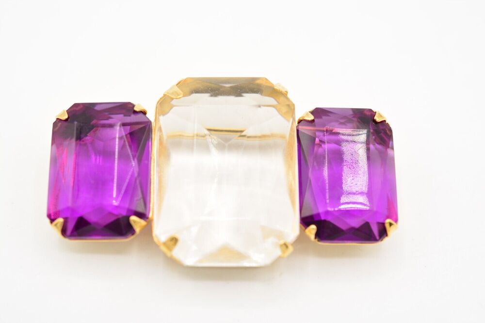 Vintage Crystal Bar Pin Brooch Lucite Open Bezel Purple Clear Gold Tone BinAC